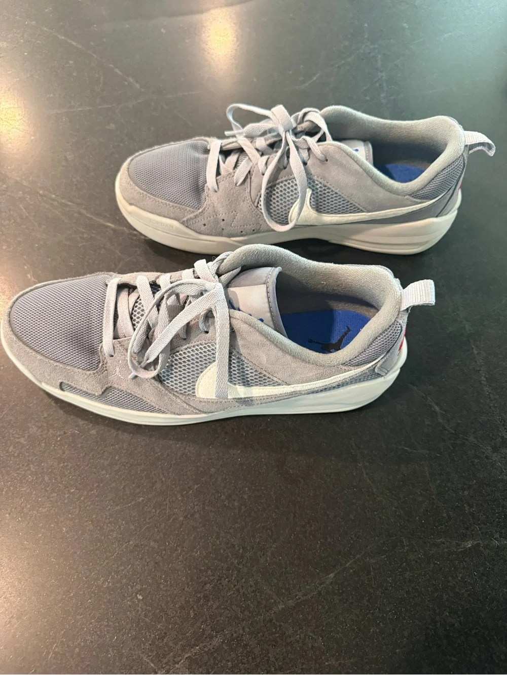 Jordan CMFT Era sneakers- Grey Suede & Mesh Sneakers with Blue Jordan logo.